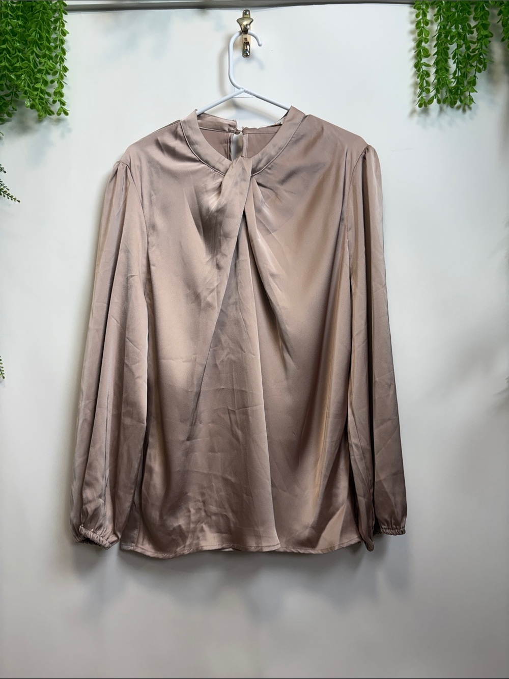 Grace Karin Satin Tie-Neck Blouse in Taupe